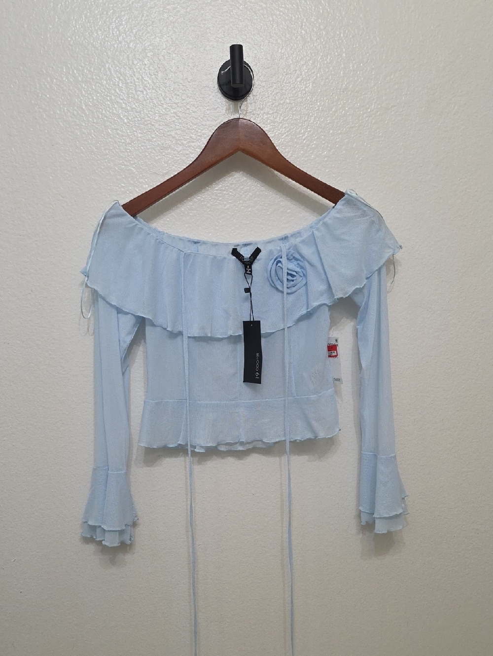 19 Cooper Light Blue Off-Shoulder Ruffle Tie-Front Blouse